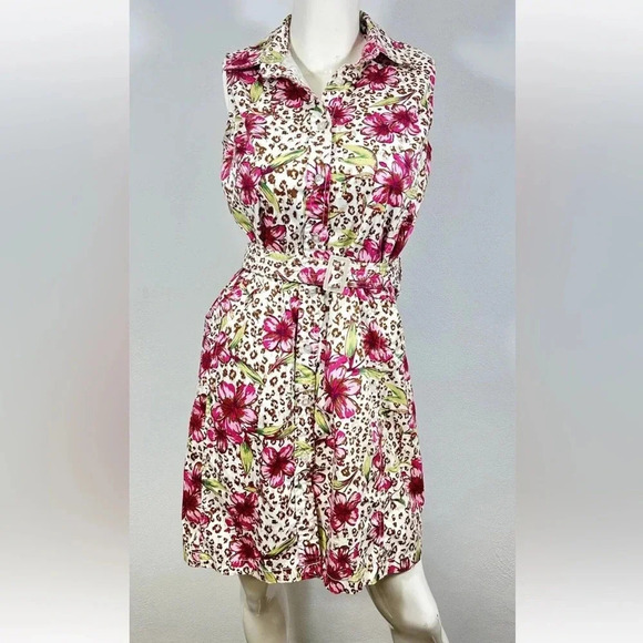 White Stag Dresses & Skirts - White Stag Button Front Sleeveless Leopard Floral Shirt Dress Ladies 8 Belted